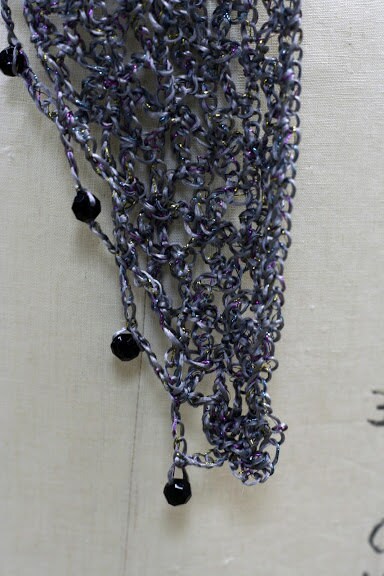 Extreme close-up of the grey lurex crochet texture, with dark beads dangling from the fine stitches.