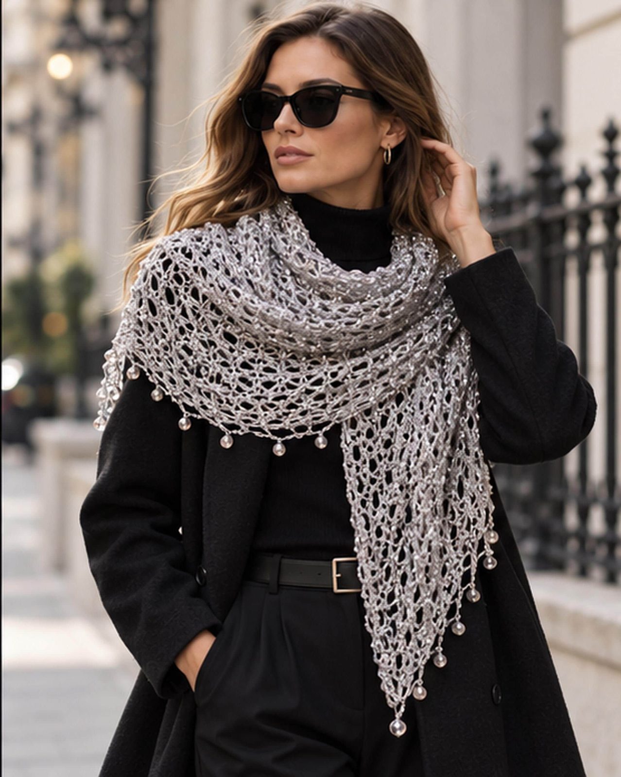 Woman in a black outfit wearing the silver beaded shawl, iron fence and city street in the background.