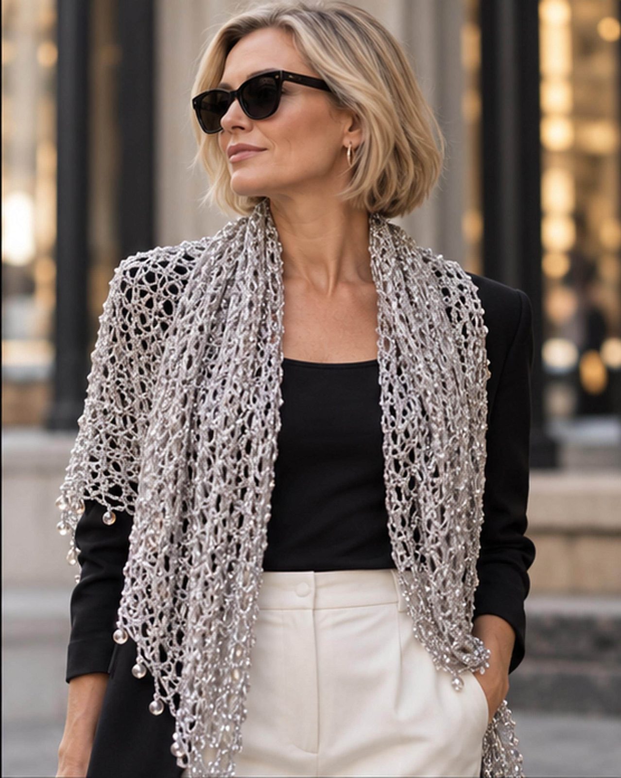 Blonde woman in a black top and white pants wearing the silver lurex shawl as a shoulder wrap, street setting.